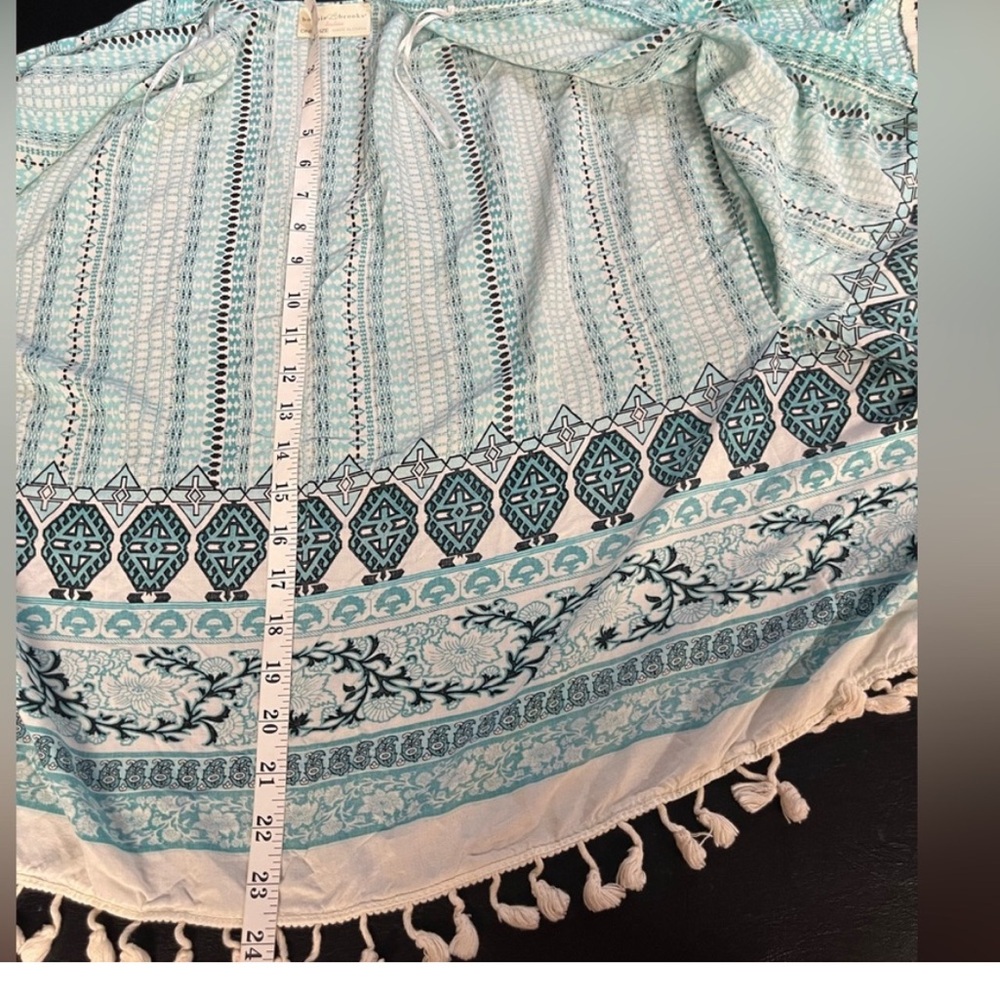 Bobbie Brooks Aqua & White Patterned Open Front Kimono White fringe One Size - Picture 13 of 14